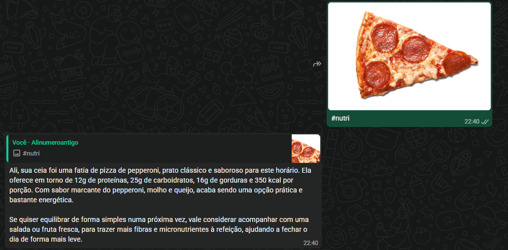 Exemplo de análise de refeição no WhatsApp